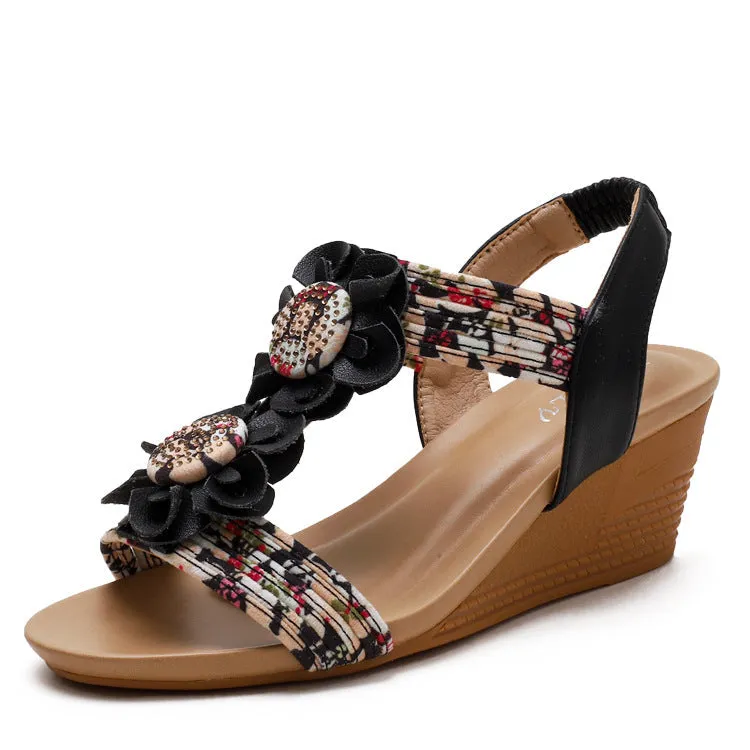 Women flower  peep toe slingback elastic strap wedge sandals