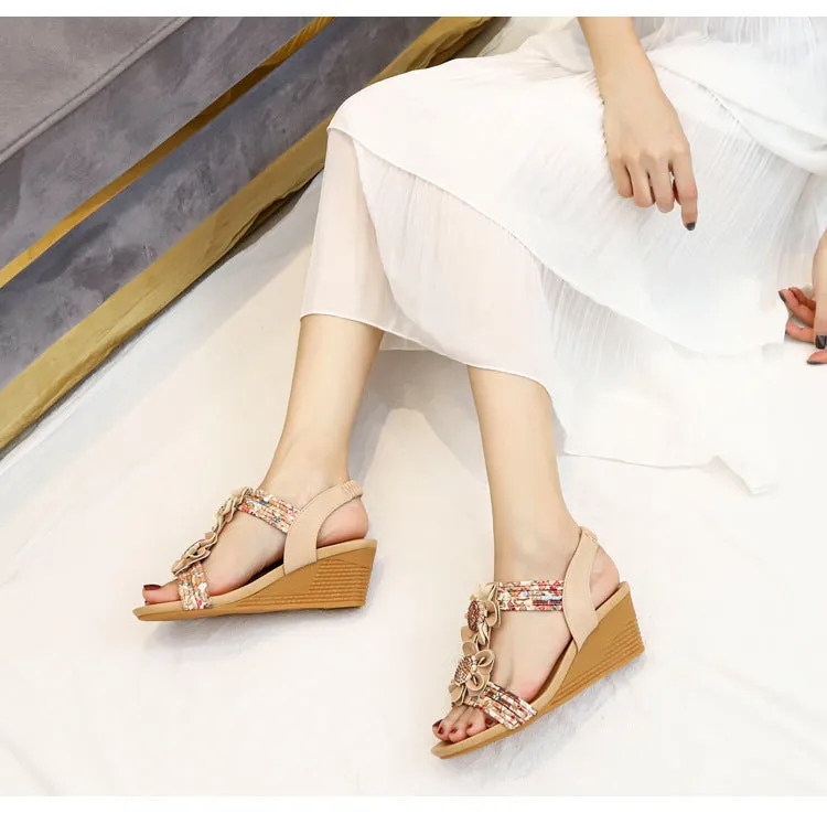Women flower  peep toe slingback elastic strap wedge sandals