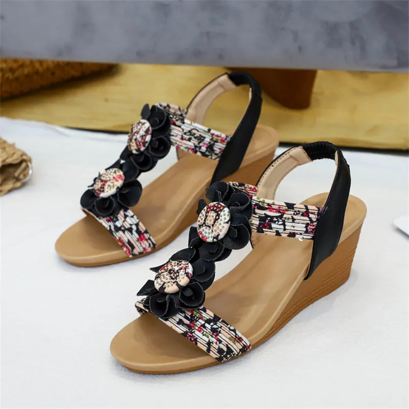 Women flower  peep toe slingback elastic strap wedge sandals