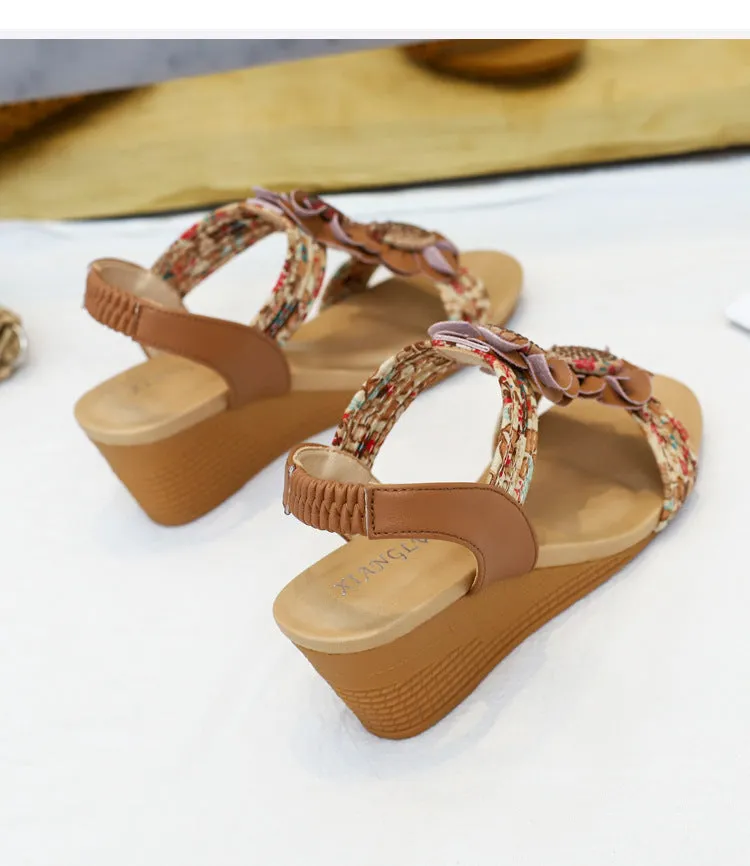 Women flower  peep toe slingback elastic strap wedge sandals