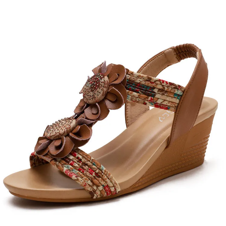 Women flower  peep toe slingback elastic strap wedge sandals