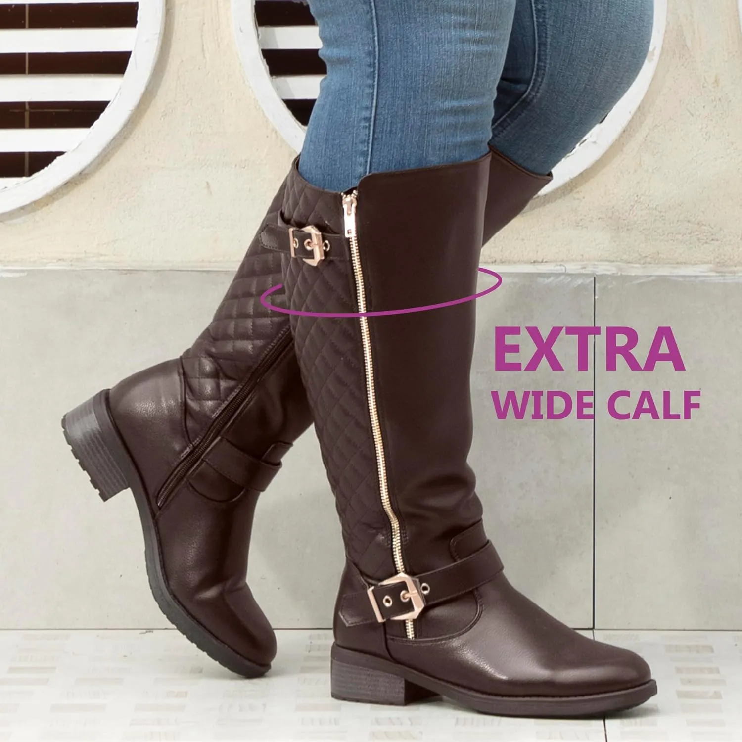 Women's Extra Wide Calf Knee High Riding Boots Retro Double Buckle Chic Style Fall Boots