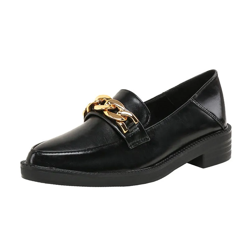 Women‘s Metal Chain Retro Pointed Shoes Thick Bottom Loafers