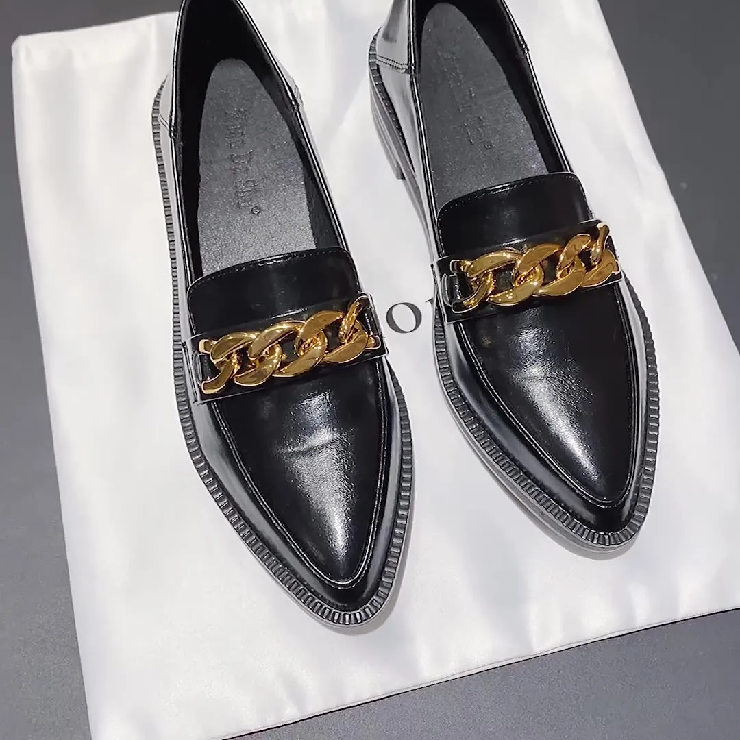 Women‘s Metal Chain Retro Pointed Shoes Thick Bottom Loafers