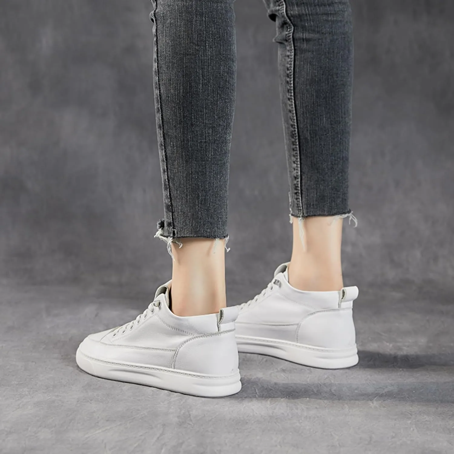 Women's Soft Microfiber Leather White Sneakers High Top Lace-Up Casual Tennis Shoes