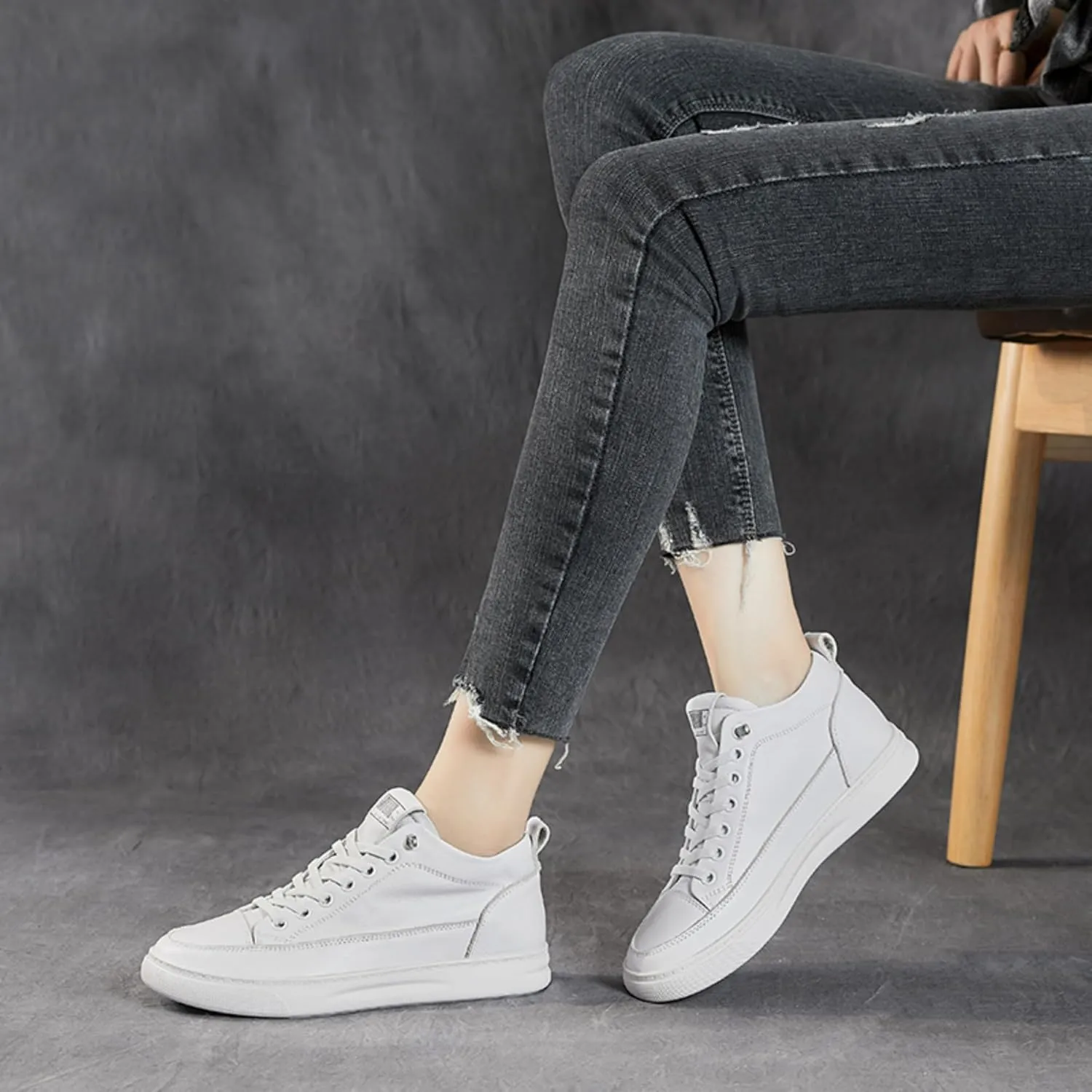 Women's Soft Microfiber Leather White Sneakers High Top Lace-Up Casual Tennis Shoes