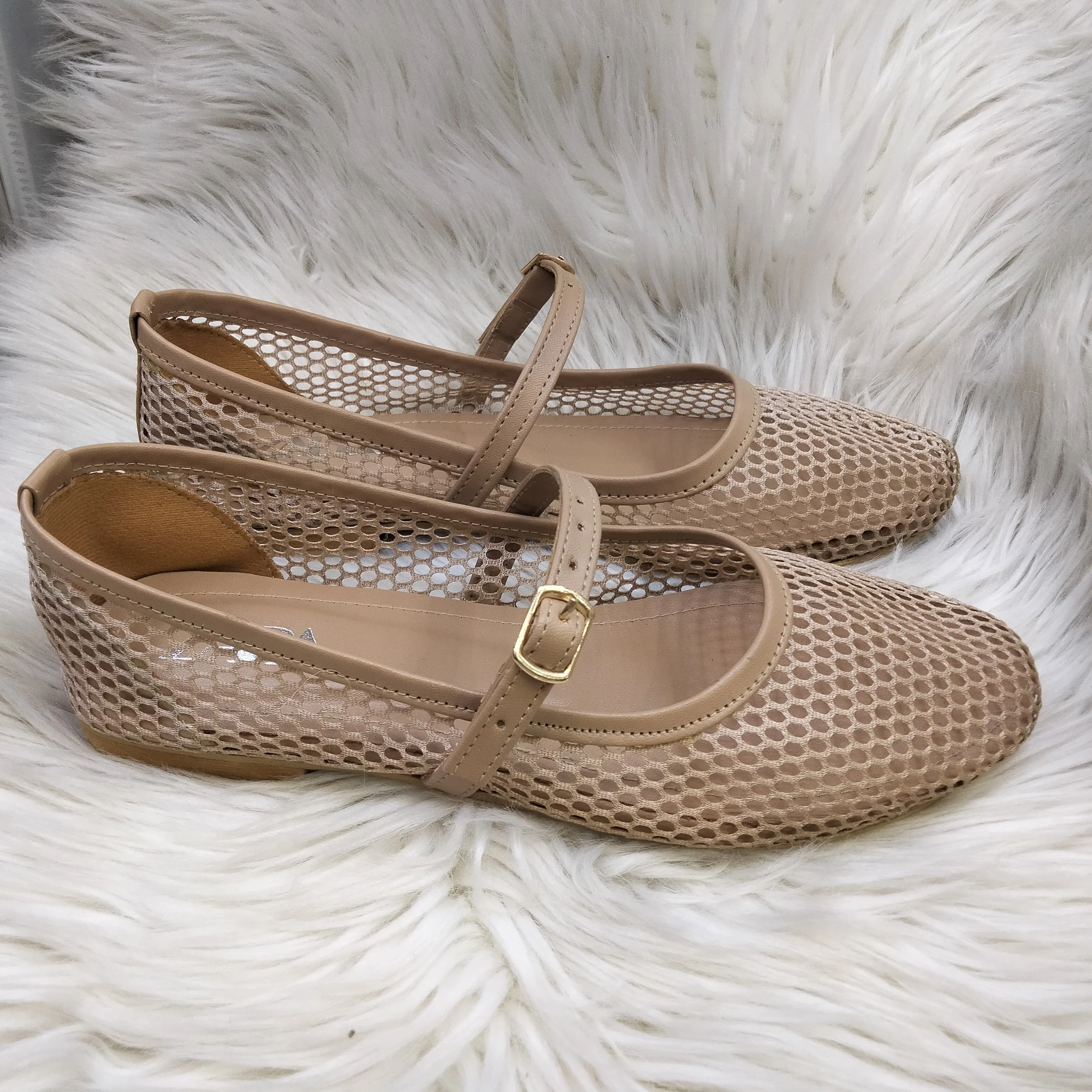 ZARA FISHNET BALLET FLAT PUMPS - BEIGE