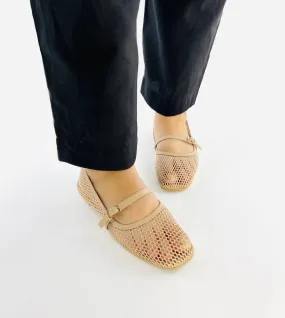 ZARA FISHNET BALLET FLAT PUMPS - BEIGE