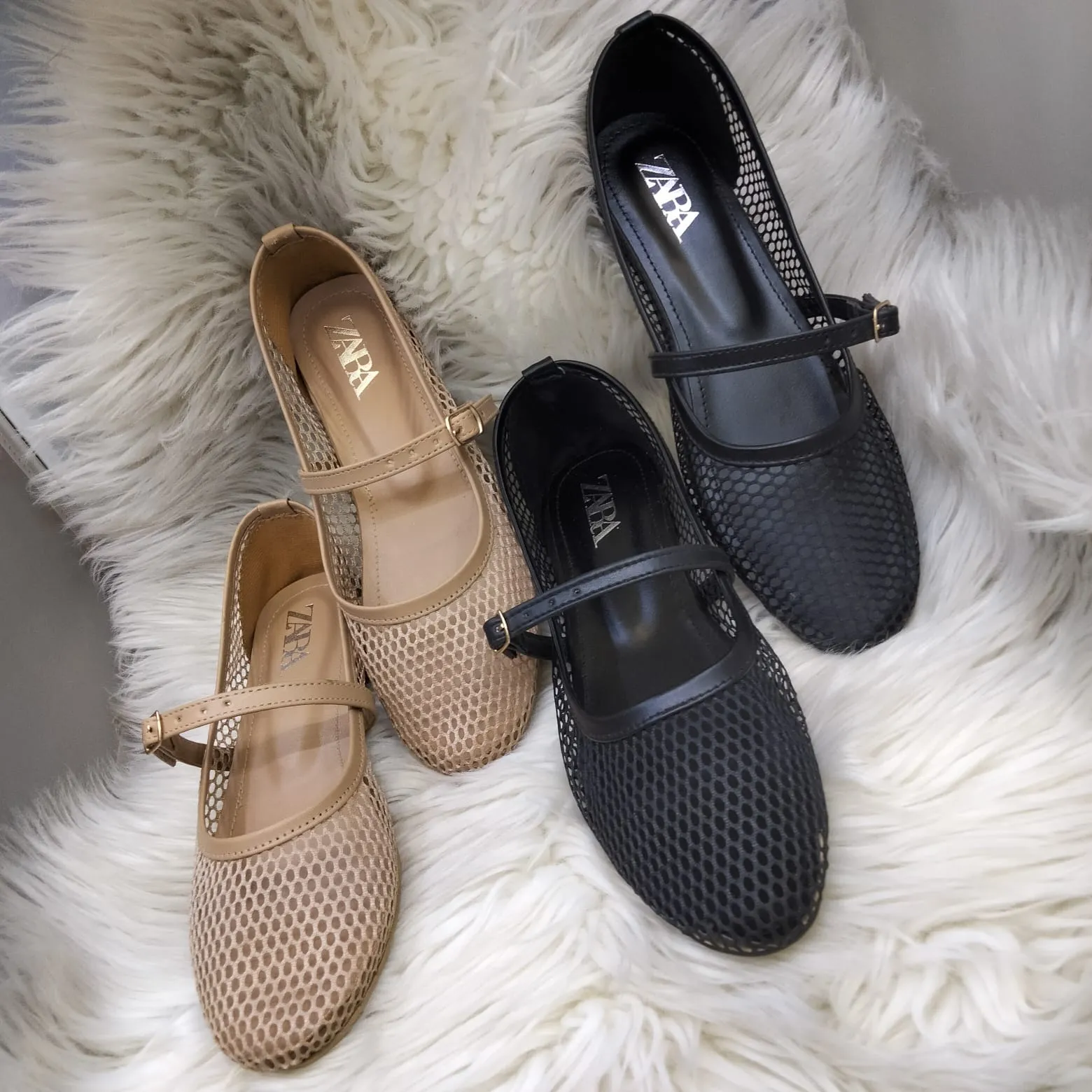 ZARA FISHNET BALLET FLAT PUMPS - BEIGE