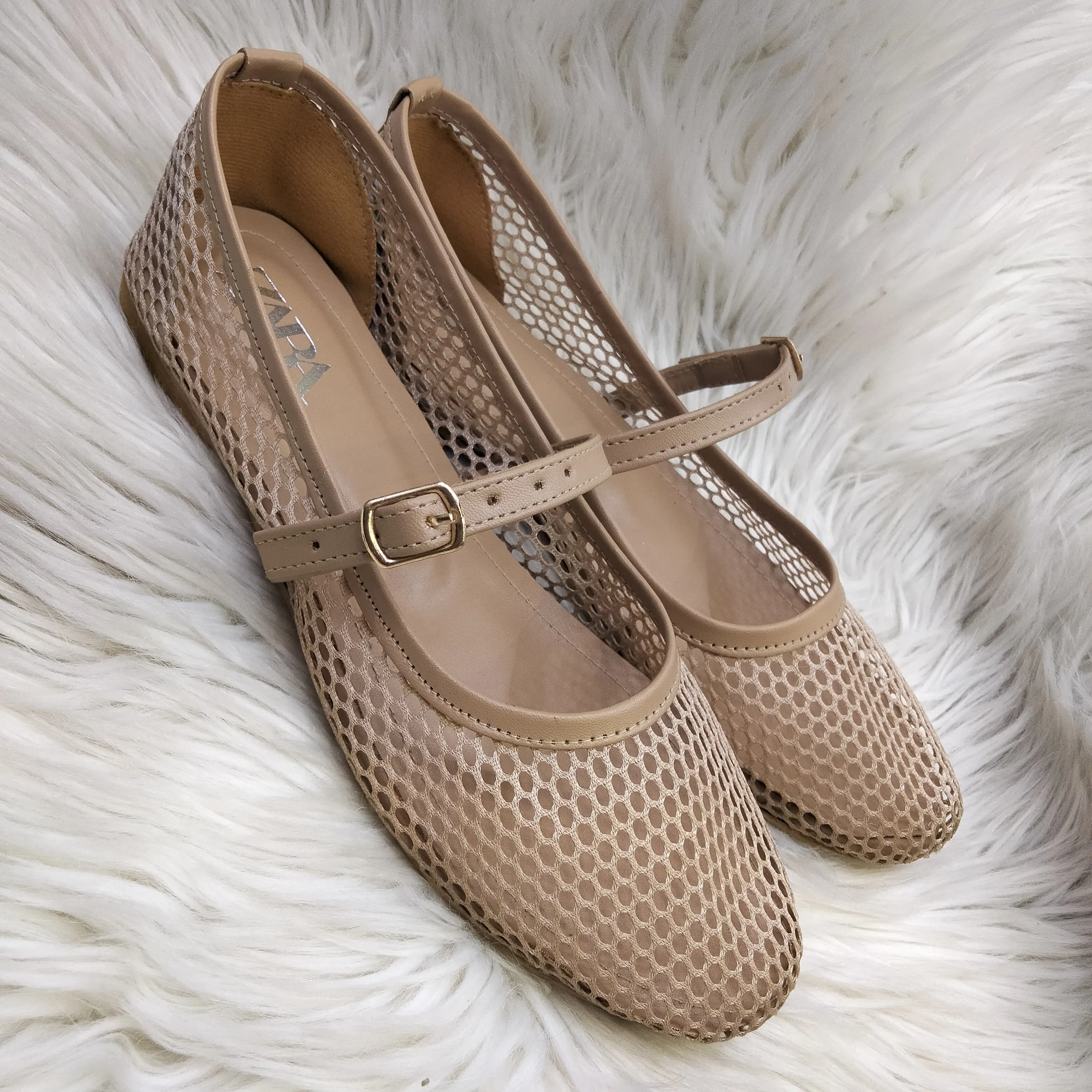 ZARA FISHNET BALLET FLAT PUMPS - BEIGE
