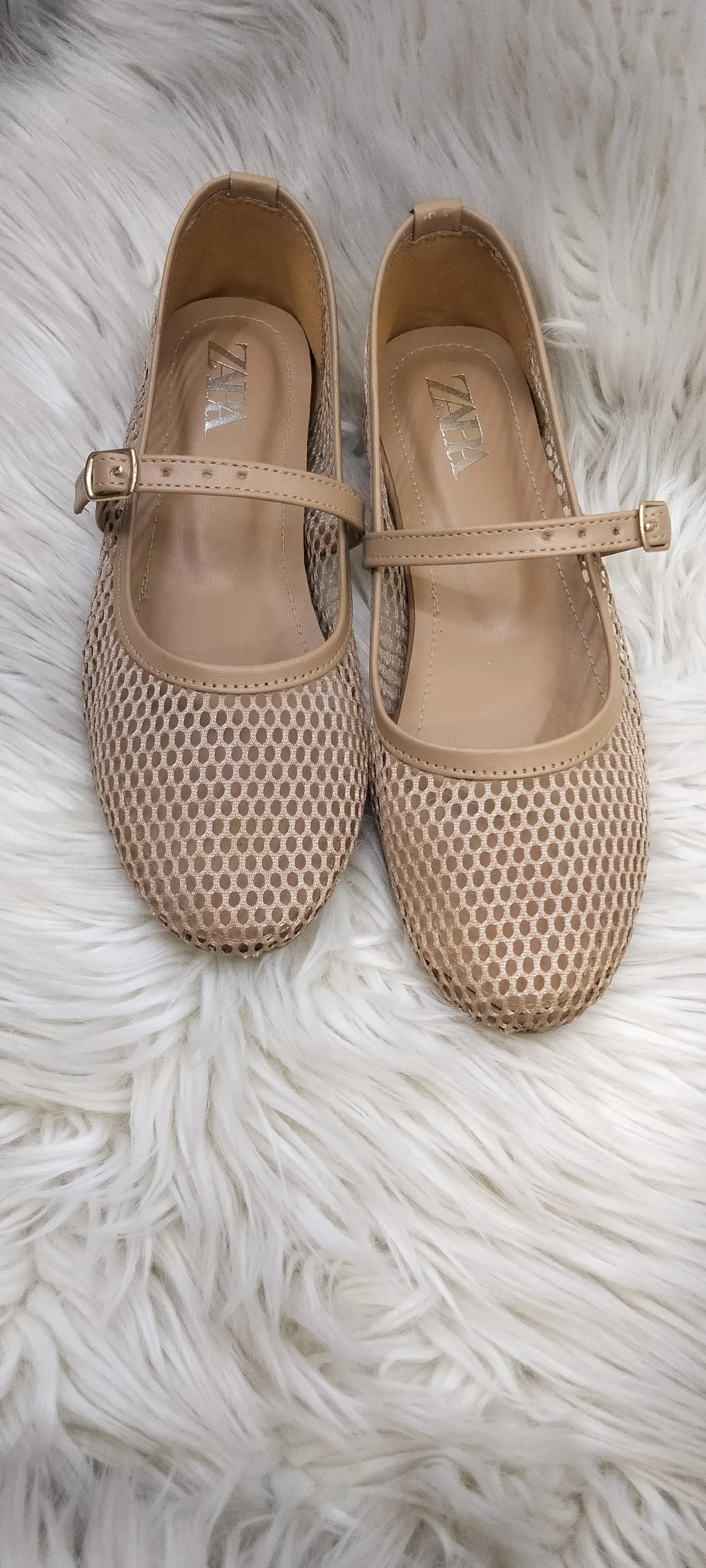 ZARA FISHNET BALLET FLAT PUMPS - BEIGE