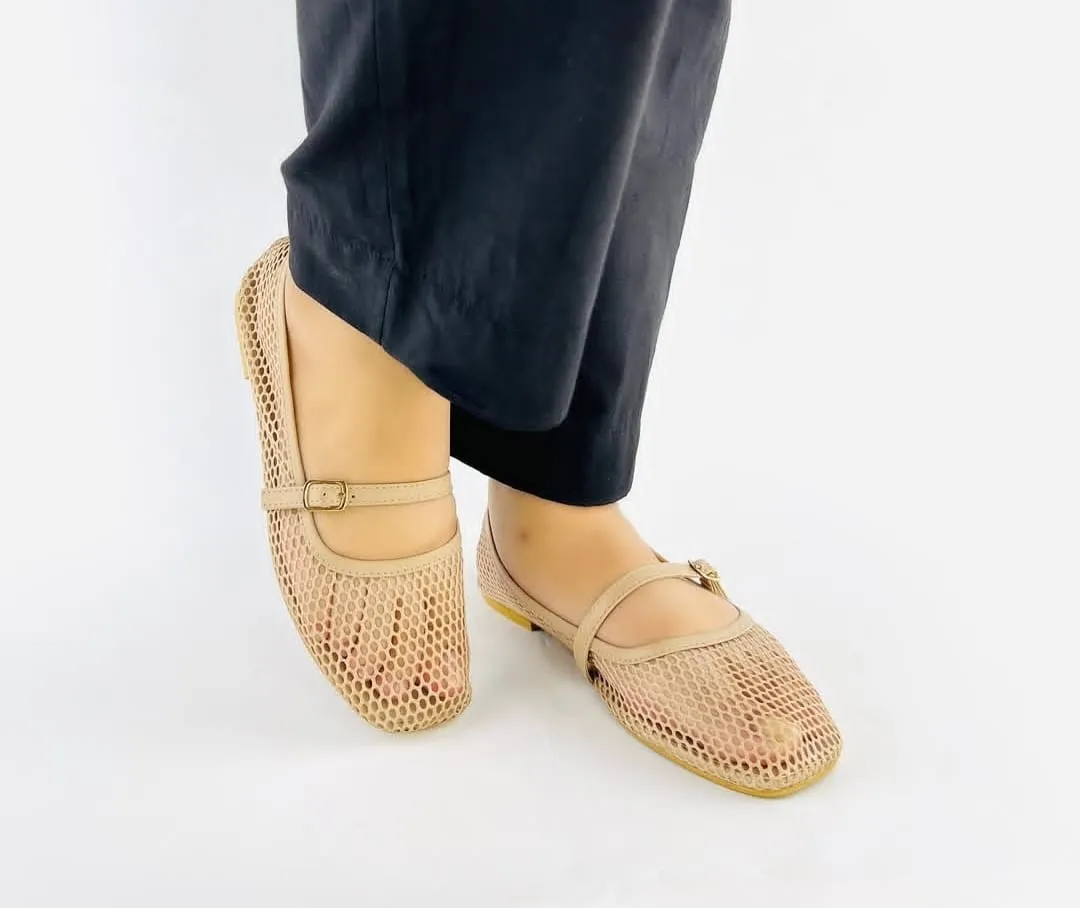 ZARA FISHNET BALLET FLAT PUMPS - BEIGE